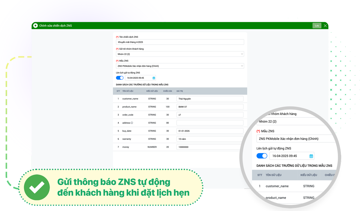 Gửi thông báo ZNS tự động